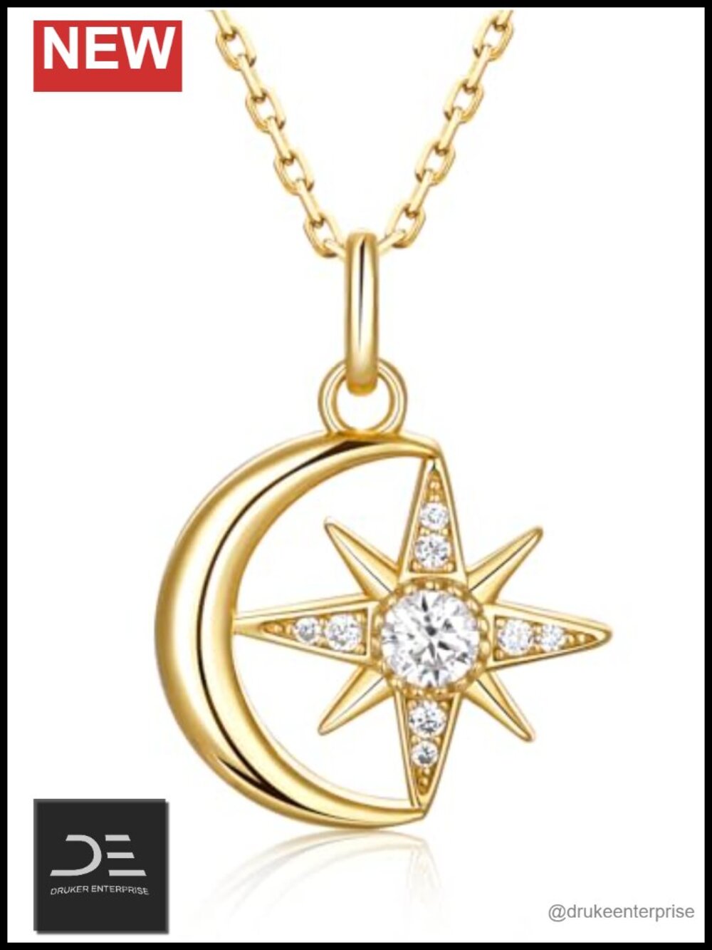 Moissanite Star Moon Pendant Necklace 925 Sterling Silver Rhodium Plated